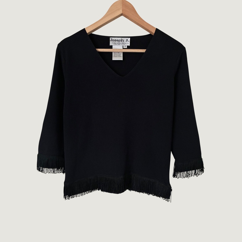 Joseph‎ A. Black Fringe Trim V-Neck Knit Top 3/4 Sleeve Viscose Blend M Grunge